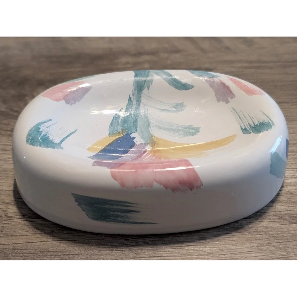 Vintage Ceramic‎ Soap Dish Riviera Hand Painted USA White Abstract Floral Pastel